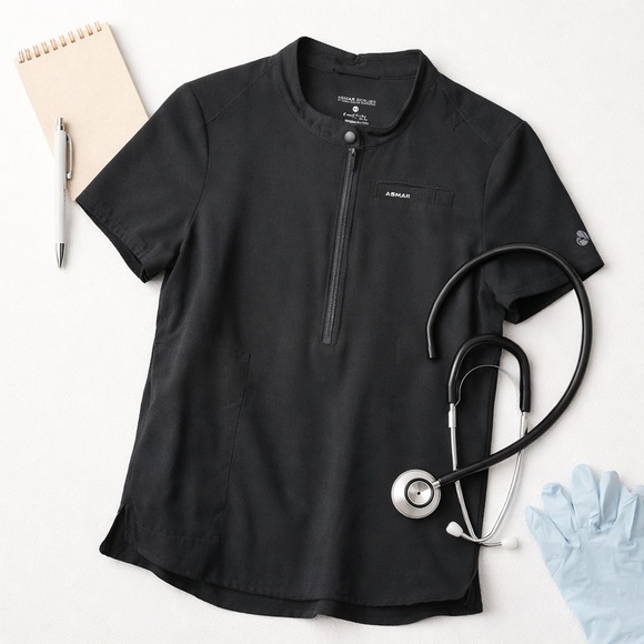 ASMAR Scrubs | Black Zip Front Medical Scrub Top | Stretch | XS - Picture 2 of 5